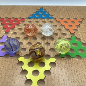 Spaghetti Glass Shooter 1 inch Marbles X 5 Clear w/ Blue Red Yellow White Swirls